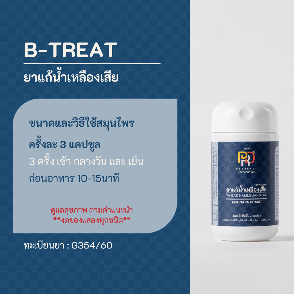 ขนาดและวิธีใช้ ยาแก้น้ำเหลืองเสีย ตราหมอนภา b-treat